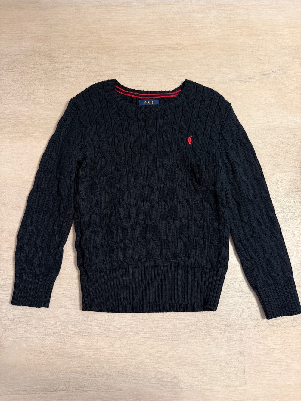 Polo by Ralph Lauren Black Cable-Knit Crewneck Sweater with Red Pony